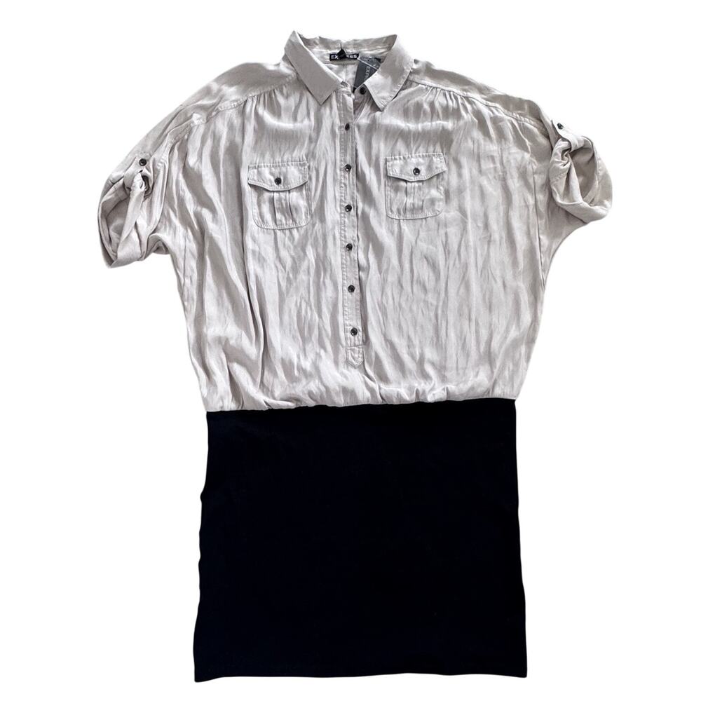 New Express Black Tan Colorblock Stretch Shirt Dress L Office Tab Sleeve NWT
